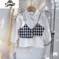 网红甜美童装2022春款女宝宝小清新格子吊带马甲+纯色衬衫两件套 七色王国