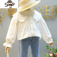 女童洋气泡泡袖衬衫春秋季新款宝宝花边镂空翻领衬衣儿童淑女上衣 七色王国