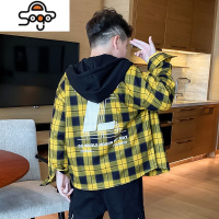 胖大童春秋款衬衫胖童新款加肥加大男大童长袖上衣连帽格子衬衣潮 七色王国