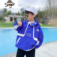 男童外套春秋款儿童克莱因蓝连帽半门襟上衣2022新款童装潮衣 七色王国