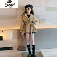 女童风衣外套网红秋装韩范束腰绑带翻领休闲英伦风潮上衣 七色王国