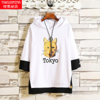 ins连帽男士短袖T恤夏季韩版潮流宽松半袖五分袖体恤男装衣服中袖