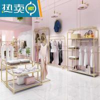 服装店展示架落地式金色双层挂衣架铁艺女装店铺衣服专用陈列货架