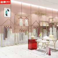 服装店金色展示架双层货架上墙壁挂式架子落地式服装架挂衣架