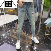 希杰狮王2023夏季浅蓝色简约牛仔裤男网红老佛爷烫钻休闲百搭修身小脚裤潮