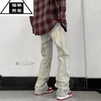 希杰狮王美式vibe裤子ins高街潮黄泥染铆钉工装牛仔裤男宽松直筒微喇叭裤