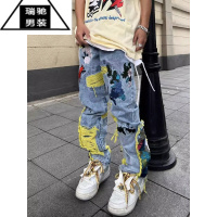 希杰狮王欧美美式街头vibe重工刺绣破洞牛仔裤男女潮牌新款拉丝长裤子
