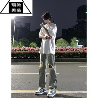 希杰狮王黄泥色破洞牛仔裤男款夏季西海岸美式裤子高街拉链古着工装微喇裤