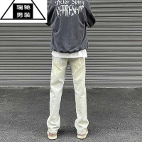 希杰狮王欧美vibe裤子高街美式复古黄泥牛仔裤男款夏季薄款直筒微喇叭裤