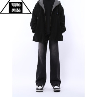 希杰狮王妈个鸡妈 ins复古美式磨白微喇裤做旧显瘦水洗直筒阔腿牛仔裤男女