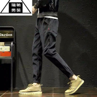 希杰狮王纯黑色雪尼尔休闲裤男士夏季潮牌运动束脚修身长裤松紧腰暗纹裤子