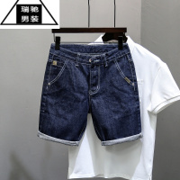 希杰狮王裤子男夏季新款美式高街牛仔短裤修身小直筒原色斜插口袋五分裤子