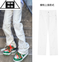 希杰狮王高街美式铆钉直筒白色牛仔裤潮牌朋克坠感复古设计裤子男女百搭bf