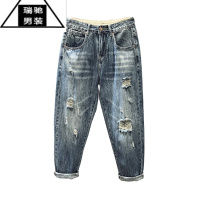 希杰狮王破洞乞丐裤子男高街复古哈伦九分裤春夏季男款宽松直筒潮牌牛仔裤