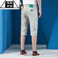 希杰狮王灰色短裤男夏季薄款牛仔七分裤潮流弹力直筒修身百搭休闲7分裤子