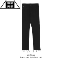 希杰狮王坠感直筒修身显瘦基础款纯色牛仔裤男美式高街黑色毛边微喇叭长裤