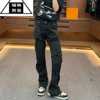 希杰狮王2023夏季新款原样开发巴黎走秀款圆弧弯刀微喇黑色破洞牛仔裤男女