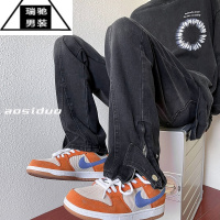 希杰狮王黑色牛仔裤男夏季设计感小众拉链直筒休闲长裤美式复古微喇叭裤子