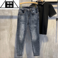 希杰狮王 夏季韩版深色系水洗牛仔裤修身复古长裤潮流小脚休闲裤子男