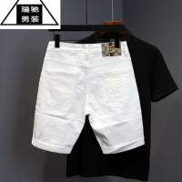 希杰狮王夏季白色牛仔短裤男潮流金属标修身小脚弹力休闲中裤男潮牌五分裤