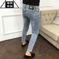 希杰狮王牛仔裤男简约百搭潮流网红修身小脚韩版2023春秋新款潮牌九分浅色