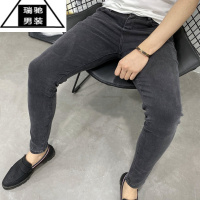 希杰狮王一条时尚百搭的灰色修身小脚牛仔长裤男士潮牌夏秋青年弹力中低腰