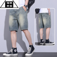 希杰狮王夏天牛仔短裤男士夏季薄款宽松直筒弹力美式复古休闲裤子五分马裤