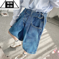 希杰狮王日系复古直筒牛仔短裤男女中性宽松潮牌ins阔腿腰带工装五分裤男