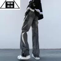 希杰狮王oversize美式拉链牛仔裤男款夏季修身微喇叭裤子高街vibe