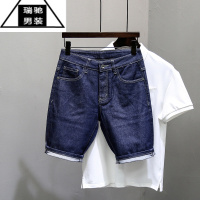 希杰狮王夏季新款潮牌牛仔短裤男深蓝原色微跨百搭修身小直筒弹力五分裤子