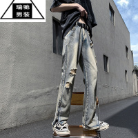 希杰狮王美式vibe风开叉破洞牛仔裤男款夏季潮牌欧美街头裤子修身微喇叭裤