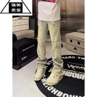 希杰狮王美式高街Vibe百搭直筒牛仔裤显高显瘦欧美水洗黄泥破洞毛边长裤男