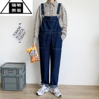 希杰狮王男士牛仔背带裤宽松大码痞帅九分裤青少年潮牌直筒吊带连体裤子潮