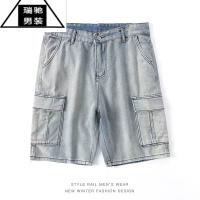 希杰狮王牛仔短裤男夏季工装痞帅高街潮牌宽松重工阔腿中裤美式复古五分裤
