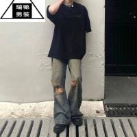希杰狮王深色裤子夏季宽松直筒破洞牛仔裤男款百搭水洗做旧美式高街vibe潮
