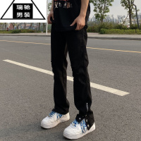 希杰狮王欧美vibe风潮牌百搭ins高街破洞牛仔裤男排扣复古开叉宽松乞丐裤