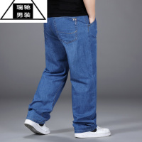 希杰狮王夏季薄款牛仔裤男宽松直筒加肥加大码胖子肥佬弹力浅蓝色长裤子潮