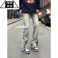 希杰狮王美式高街vibe复古做旧黄泥染拉链开叉牛仔裤男排扣设计感百搭长裤