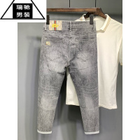 希杰狮王九分牛仔裤男2022年夏季薄款弹力刺绣修身小脚时尚高级灰色9分裤