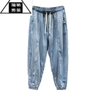 希杰狮王夏季冰丝牛仔裤男浅色薄款束脚萝卜裤子水洗男款宽松胖子九分裤潮