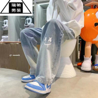希杰狮王美式男款裤子高街ins潮男笑脸涂鸦复古牛仔裤宽松直筒阔腿裤夏季