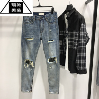 希杰狮王2023新款男士裤脚拉链水洗做旧大破洞高街侃爷修身小脚牛仔裤男潮