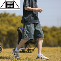 希杰狮王铆钉伐木工装牛仔短裤男士夏季薄款潮牌宽松美式水洗复古五分中裤