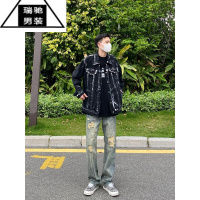 希杰狮王美式高街复古水洗做旧街头破洞牛仔裤男潮牌直筒宽松百搭痞帅长裤