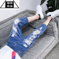 希杰狮王夏季薄款破洞牛仔短裤男士潮牌七分裤男2022年新款夏天马裤中裤子