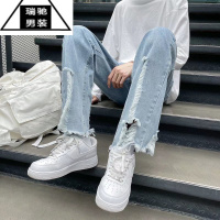 希杰狮王夏季牛仔裤破洞潮ins高街男宽松直筒毛边设计高级感裤垂感喇叭裤