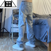 希杰狮王2023新款牛仔裤男腰带直筒复古水洗立体裤子高街宽松休闲长裤潮流