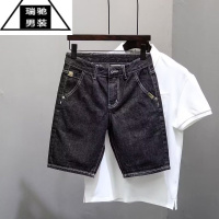 希杰狮王裤子男夏季新款美式高街牛仔短裤修身小直筒原色斜插口袋五分裤子