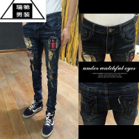 希杰狮王夏季薄款破洞九分裤男修身小脚韩版毛边9分牛仔裤男士潮流乞丐裤