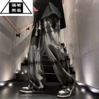 希杰狮王扎染复古牛仔裤男春夏款潮牌痞帅直筒阔腿裤美式vibe高街休闲裤子